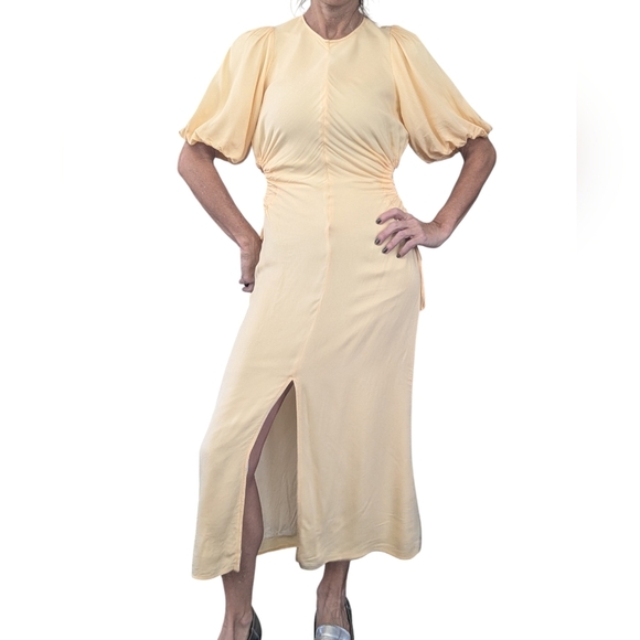 Nobody’s Child Yellow Puff Sleeve Cutout Midi Dress Sustainable EcoVero Size 4 - Picture 2 of 9